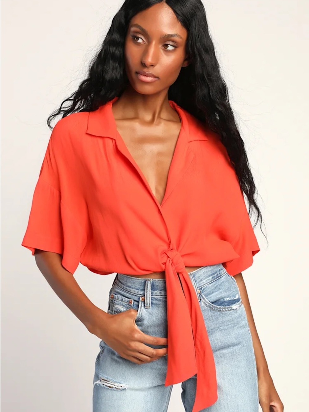 NWT SIZE S Tie-Front Collared Blouse in Vibrant Coral
